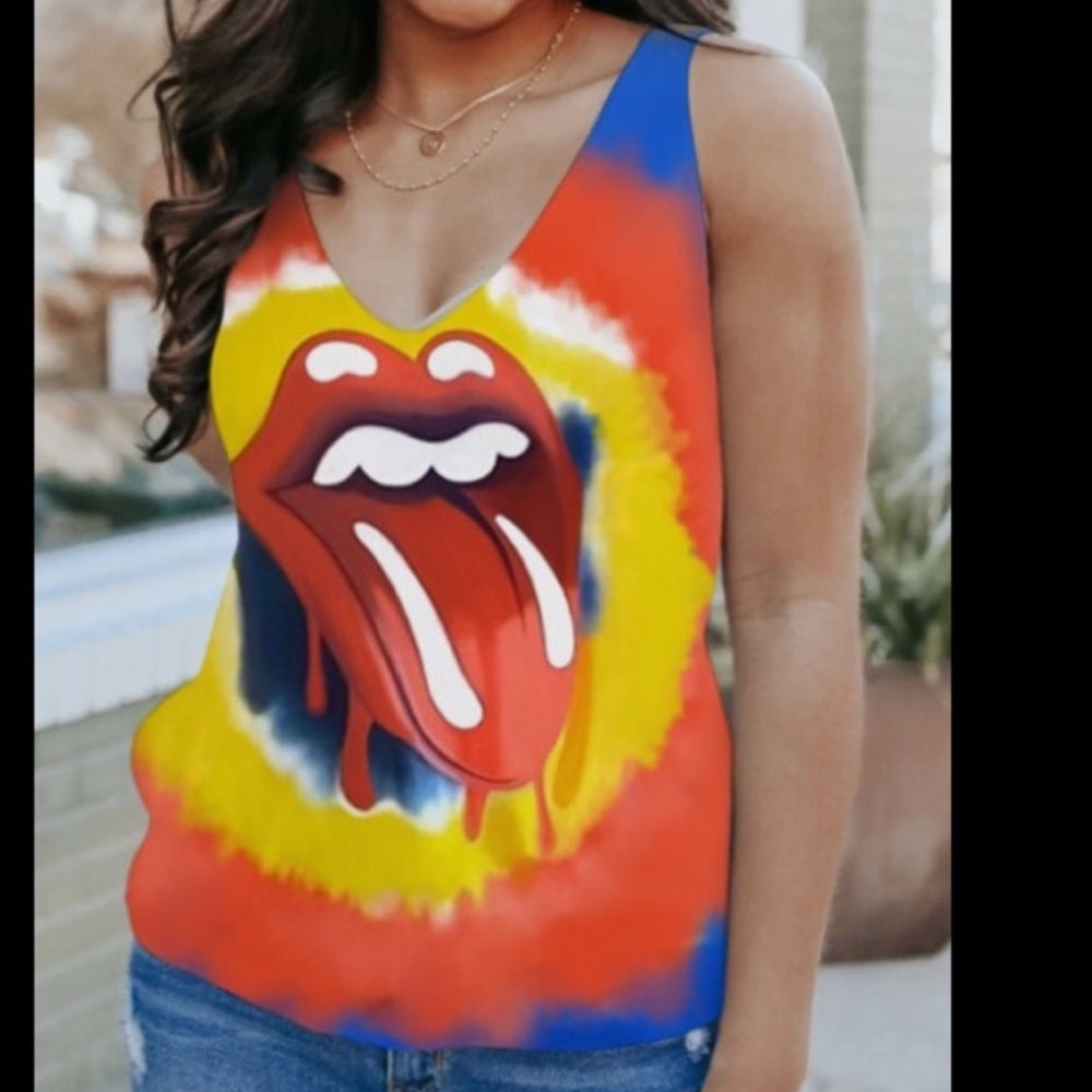 💋👅 Rolling Stones Tongue Colorblast Blue/Orange/Yellow Deep V-Neck Tank Top